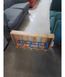 PORTE MANTEAU MURAL COFFRAGE BOIS CLAIR 5 PATÈRES MÉTAL BLEU BOULES BOIS 