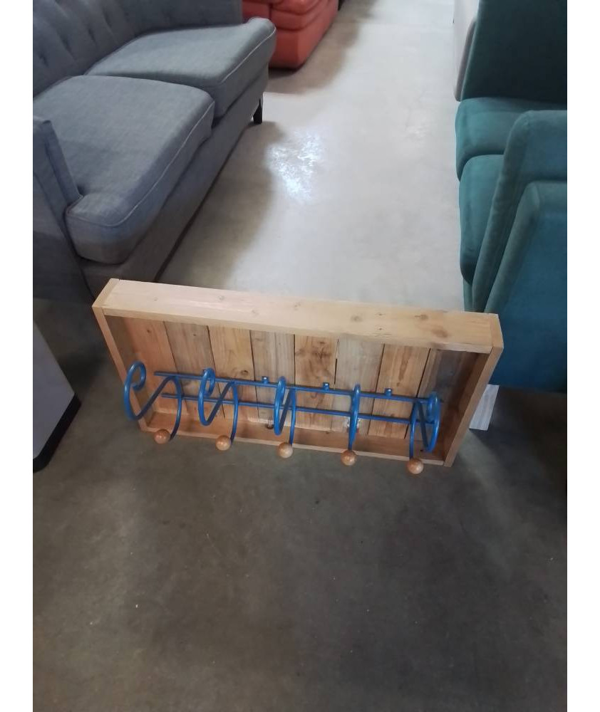 PORTE MANTEAU MURAL COFFRAGE BOIS CLAIR 5 PATÈRES MÉTAL BLEU BOULES BOIS 