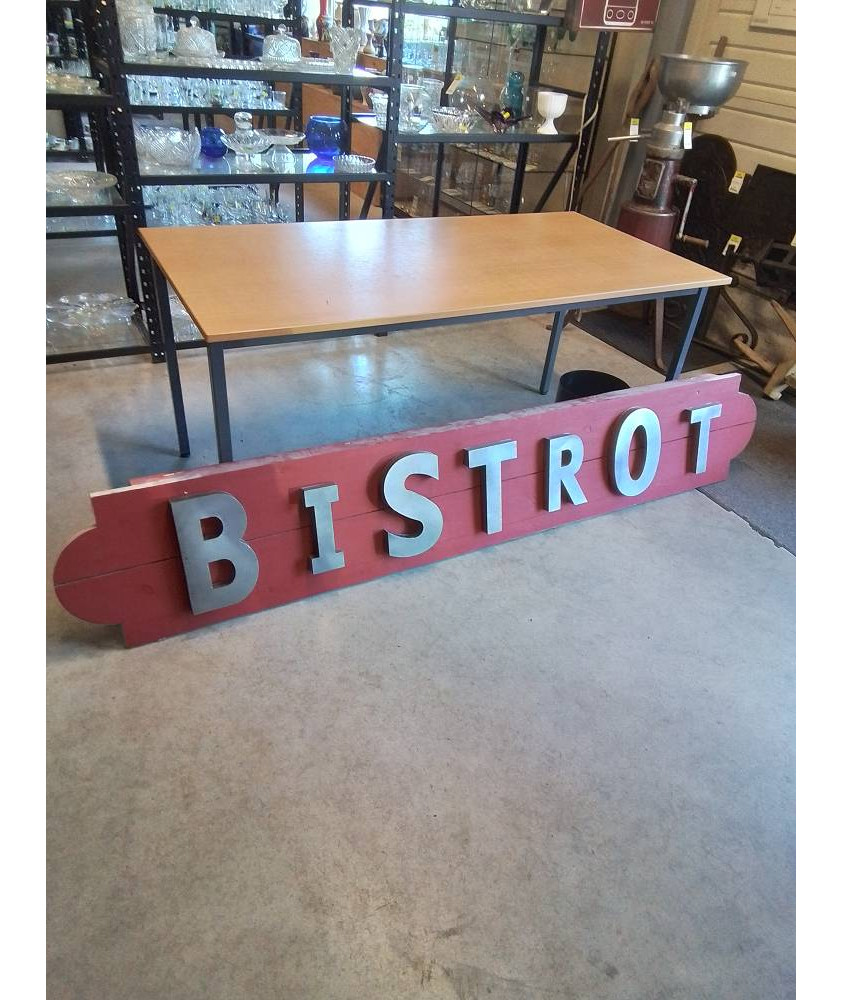 PLAQUE DÉCORATIVE ARTISANALE BOIS PEINT ROUGE ET MÉTAL BISTROT 