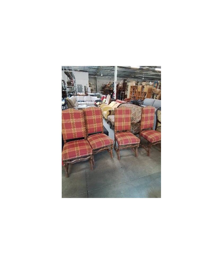 4 CHAISES STYLE LOUIS XIV BOIS ASSISE ET DOSSIER CAPITONNÉ TISSU ROUGE ET JAUNE