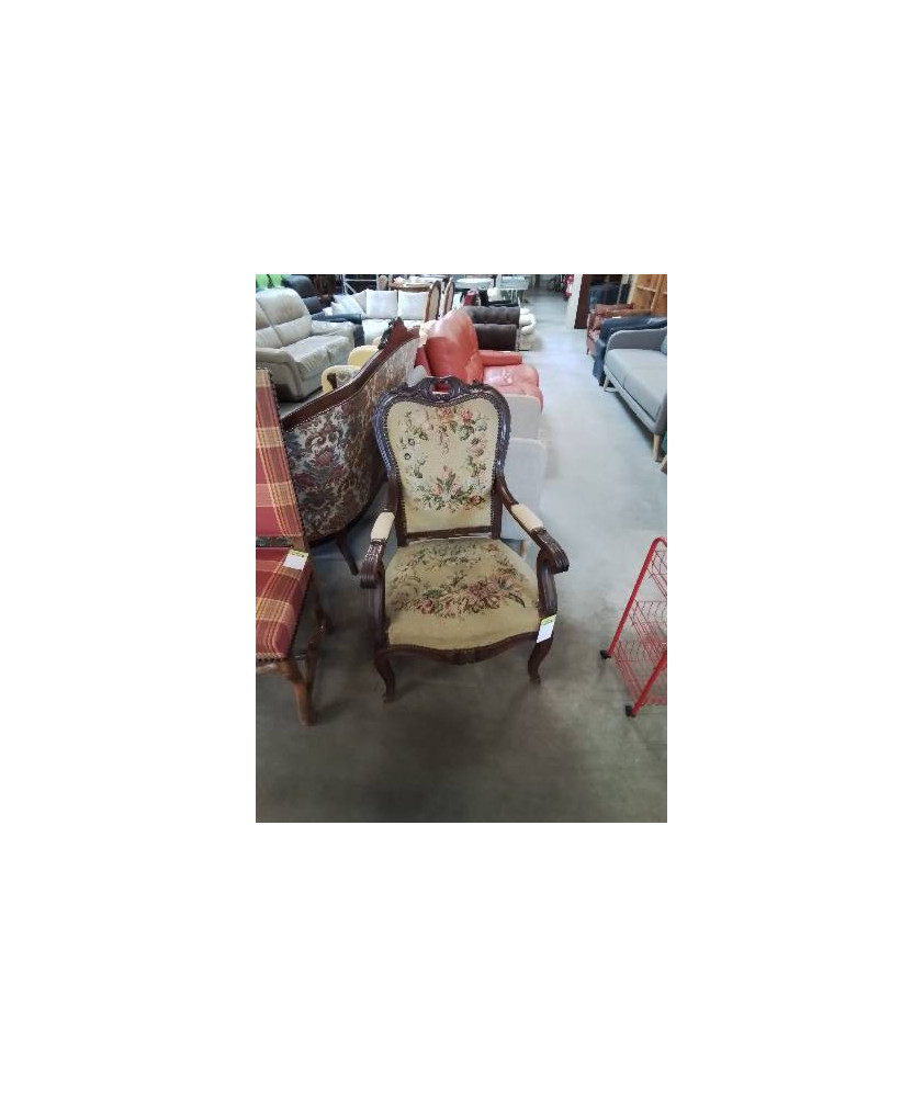 FAUTEUIL ACAJOU ASSISE ET DOSSIER CAPITONNÉ TISSU A FLEURS NAPOLÉON III 