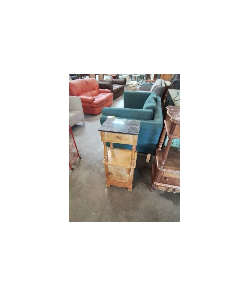 CHEVET A COLONNES BOIS CLAIR 1 PORTE 1 TIROIR DESSUS MARBRE NOIR VEINÉ LOUIS PHILIPPE 