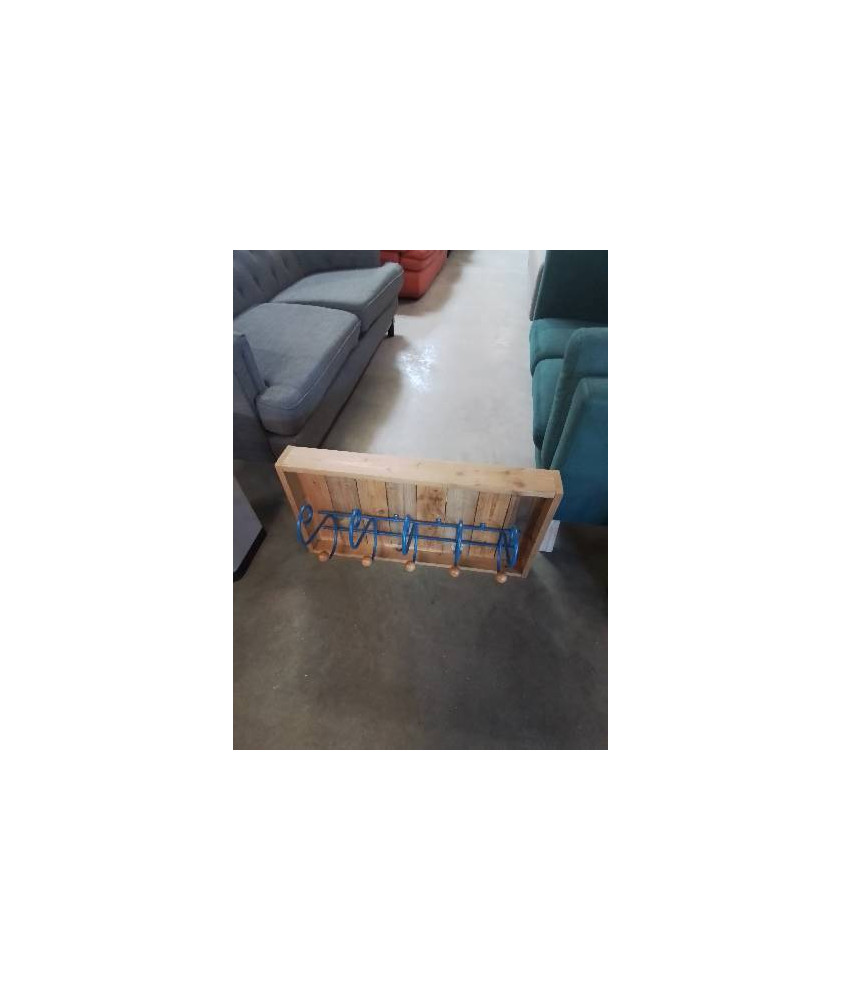 PORTE MANTEAU MURAL COFFRAGE BOIS CLAIR 5 PATÈRES MÉTAL BLEU BOULES BOIS 