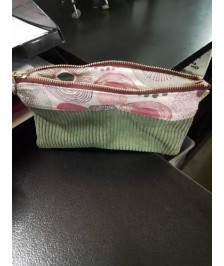 POCHETTE VELOURS KAKI ET TISSUS ROSE