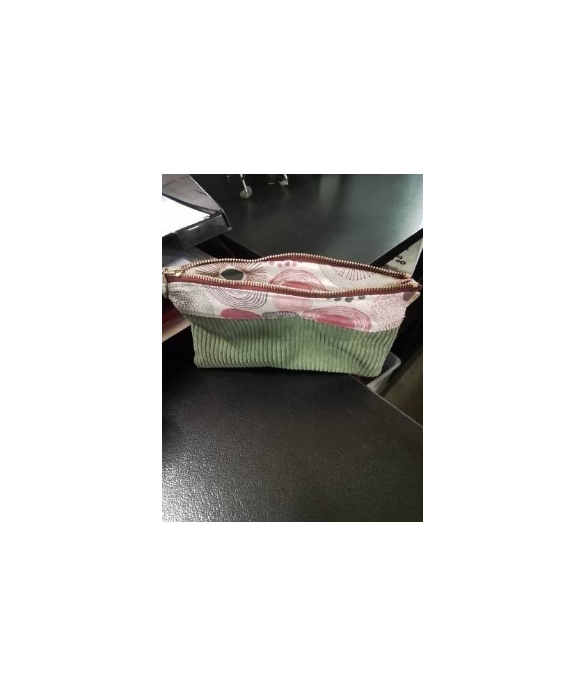 POCHETTE VELOURS KAKI ET TISSUS ROSE
