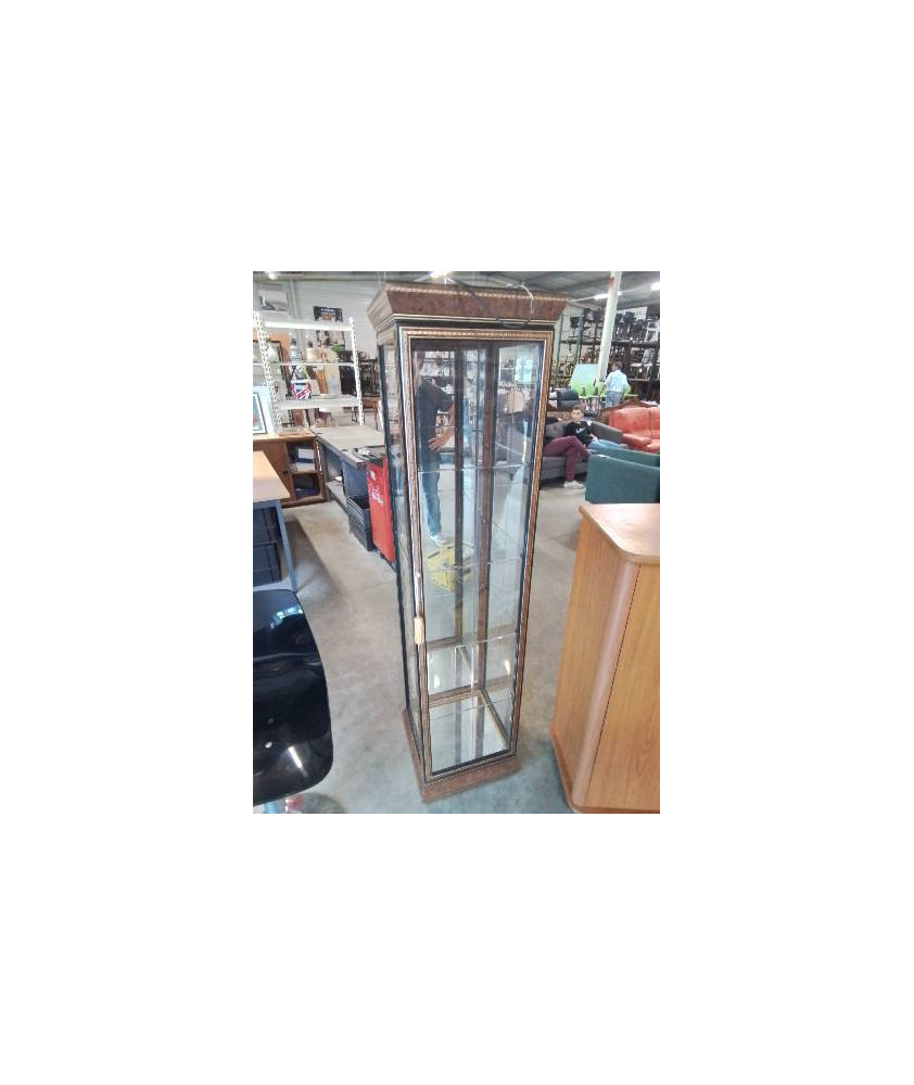 VITRINE ÉLECTRIFIÉE VERRE ET BOIS MARRON NOIR LISERÉ DORÉ 1 PORTE 
