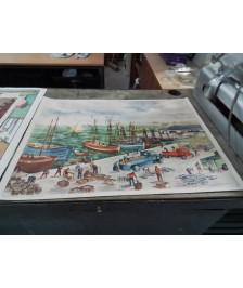 AFFICHE SCOLAIRE ROSSIGNOL LE PORT DE PECHE ET LE TRAVAIL DANS LA FORET