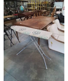 TABLE A REPASSER MÉTAL GRIS TISSU ECRU RONDS  VERT BLEU