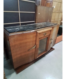 BUFFET ART DÉCO 2 PORTES 1 TIROIR 1 PORTE VITRÉE BOIS CLAIR DESSUS MARBRE NOIR EN L\'ÉTAT 