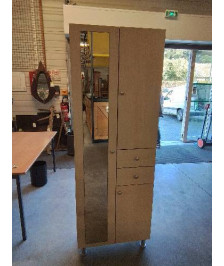 COLONNE DE SALLE DE BAIN BOIS CLAIR PIEDS GRIS 3 PORTES 2 TIROIRS