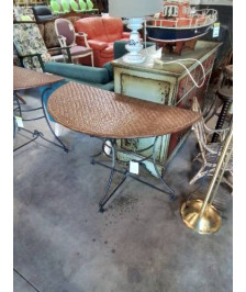 CONSOLE DEMI LUNE PIÈTEMENT FER FORGÉ NOIR PLATEAU BOIS ET VANNERIE 