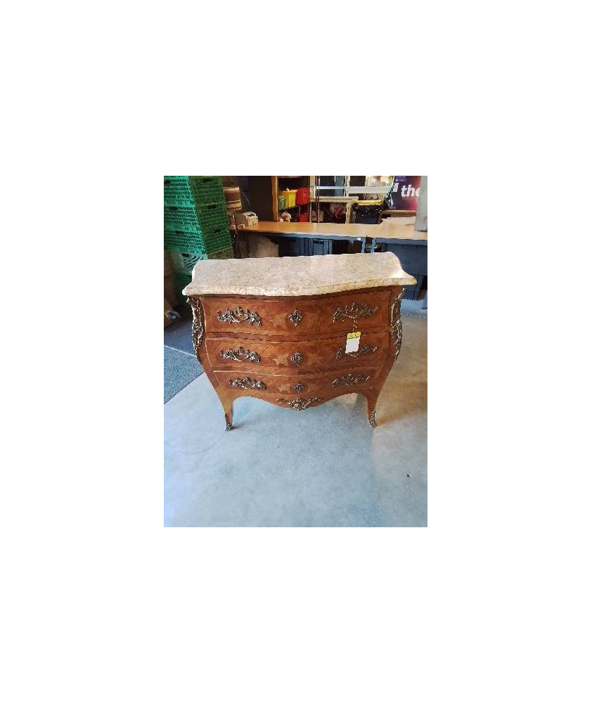 COMMODE 3 TIROIRS BOIS DE ROSE MARQUETE PLATEAU MARBRE ECRU ROSE STYLE LOUIS XV 