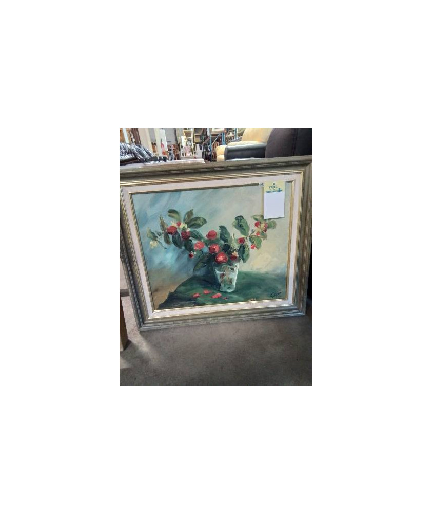 HUILE SUR TOILE BOUQUET DE ROSES CADRE VERT