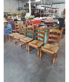 5 CHAISES BOIS CLAIR ASSISE LARGE DOSSIER 3 BARREAUX CHANTOURNÉ PIEDS BALUSTRES