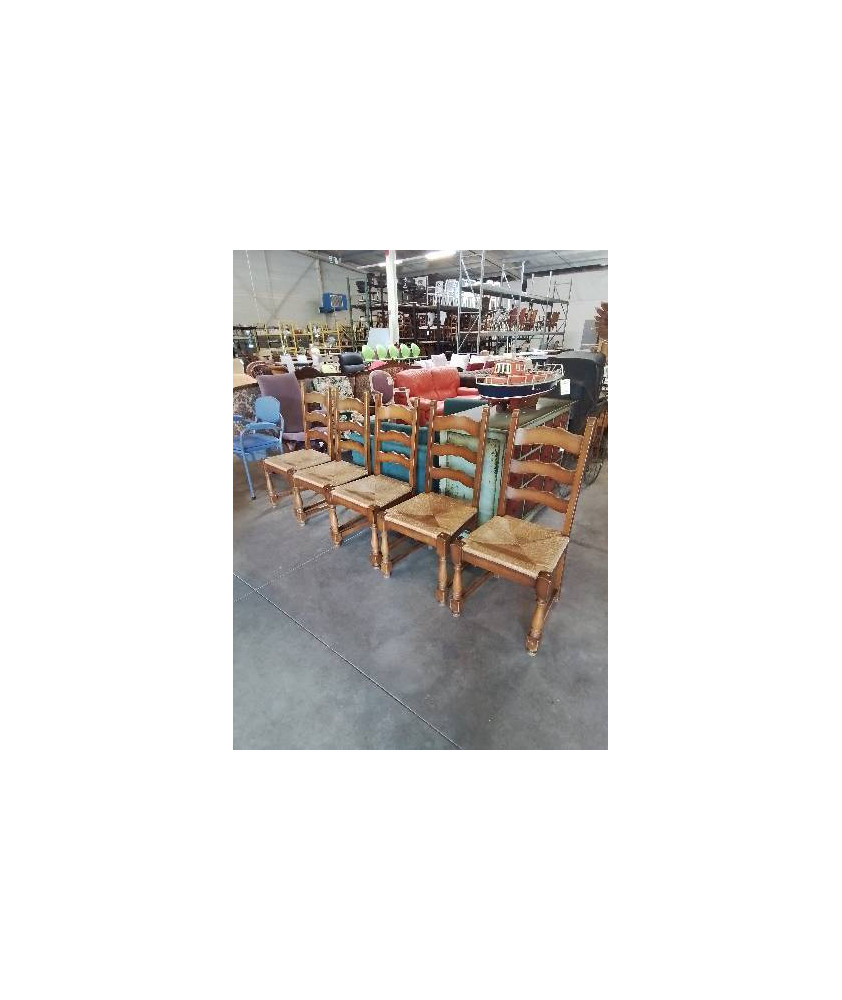 5 CHAISES BOIS CLAIR ASSISE LARGE DOSSIER 3 BARREAUX CHANTOURNÉ PIEDS BALUSTRES