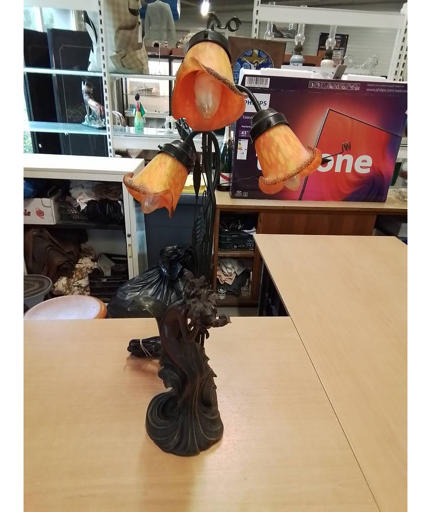 LAMPE 3 FEUX  FEMME STYLE ART NOUVEAU RÉSINE ET MÉTAL 