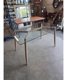 TABLE RECTANGULAIRE PIÈTEMENT MÉTAL EFFET BOIS CLAIR PLATEAU VERRE EN L\'ÉTAT 150X90X75CM