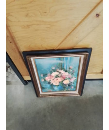 HUILE SUR TOILE BOUQUET DE ROSE AU VASE BLEU 