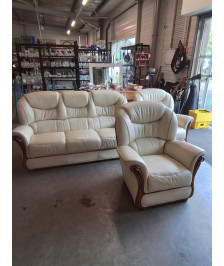 ENSEMBLE SALON 3 PIÈCES 2 FAUTEUILS 1 CANAPÉ 3 PLACES  CUIR ECRU ROSINI ITALY