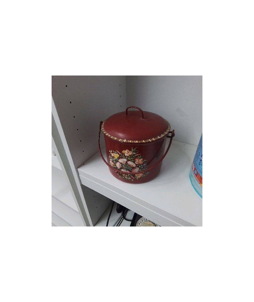 POT METAL ROUGE PEINTURE FLEURS 