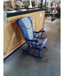 ROCKING CHAIR BOIS PEINT BLEU TISSU BLEU ET BLANC A RAYURES 