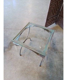 TABLE BASSE CARRÉE FER FORGÉ VERT PLATEAU VERRE