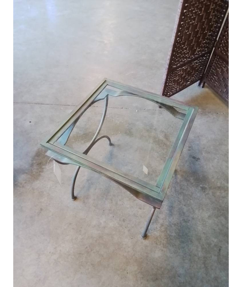 TABLE BASSE CARRÉE FER FORGÉ VERT PLATEAU VERRE