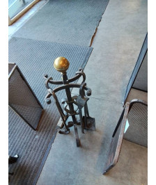 SERVITEUR DE CHEMINÉE FER FORGÉ 5 PIECES BOULES LAITON