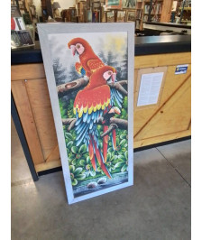 TABLEAU AUX PERROQUETS ET AU TOUCAN CADRE BOIS GRIS 132X60CM
