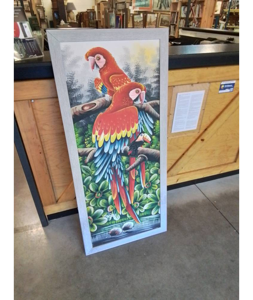 TABLEAU AUX PERROQUETS ET AU TOUCAN CADRE BOIS GRIS 132X60CM