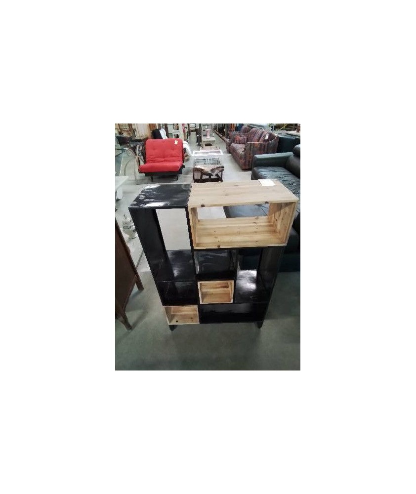 BIBLIOTHÈQUE METAL NOIR ET BOIS CLAIR 8 NICHES 