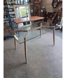 TABLE RECTANGULAIRE PIÈTEMENT MÉTAL EFFET BOIS CLAIR PLATEAU VERRE EN L\'ÉTAT 150X90X75CM