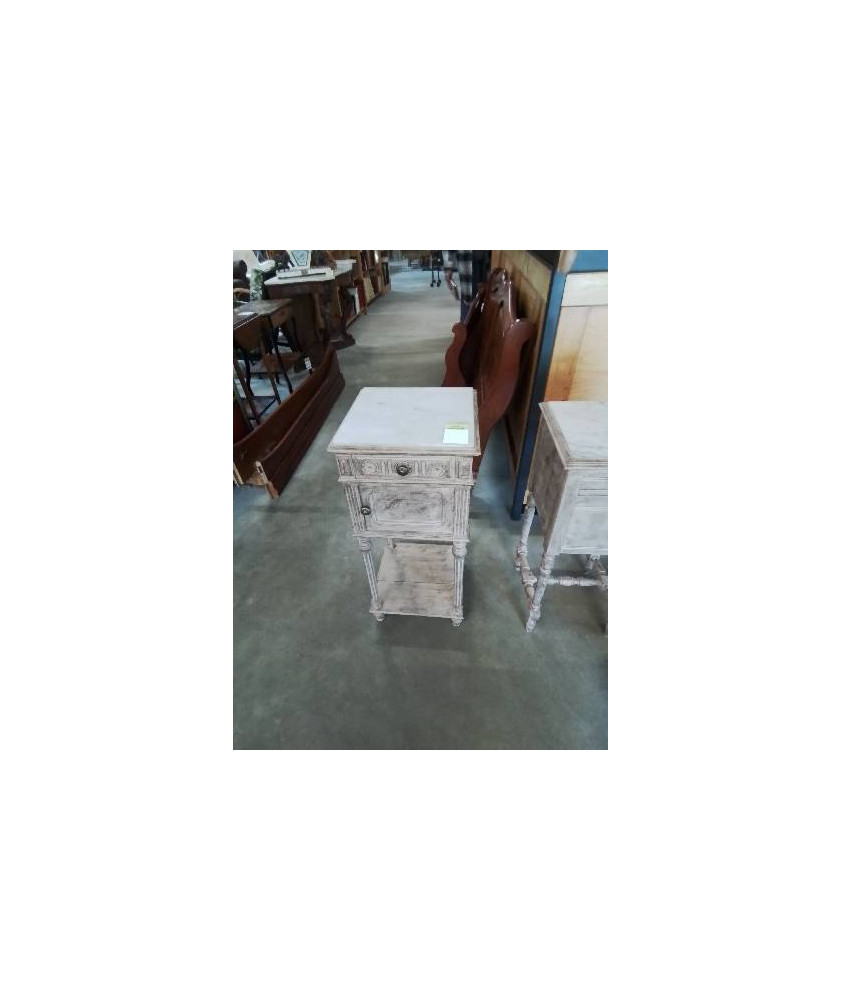 CHEVET BOIS CÉRUSE A COLONNES PLATEAU MARBRE PORTE 1 TIROIR FIN XIXE 