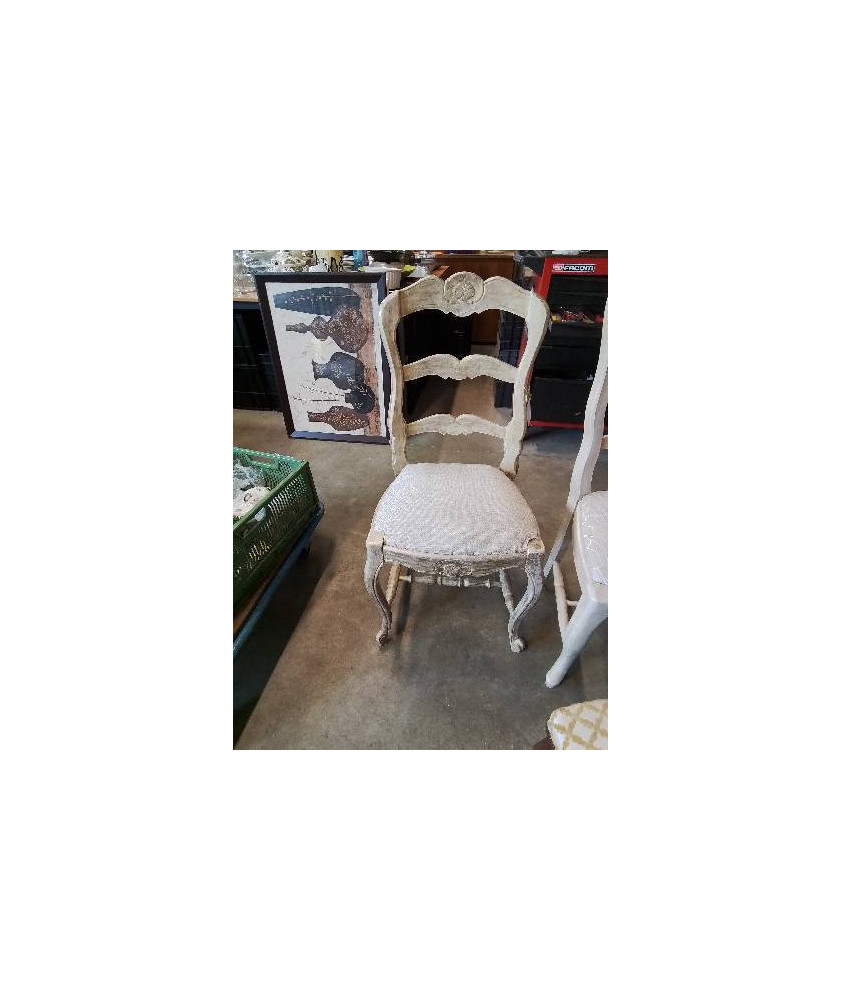 CHAISE BOIS CÉRUSE ASSISE TISSU BEIGE COQUILLE 