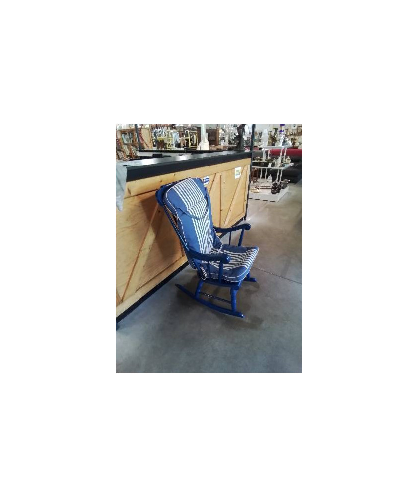 ROCKING CHAIR BOIS PEINT BLEU TISSU BLEU ET BLANC A RAYURES 