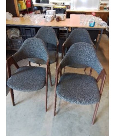 6 CHAISES PIÈTEMENT MÉTAL IMITATION BOIS ASSISE ET DOSSIER TISSU GRIS