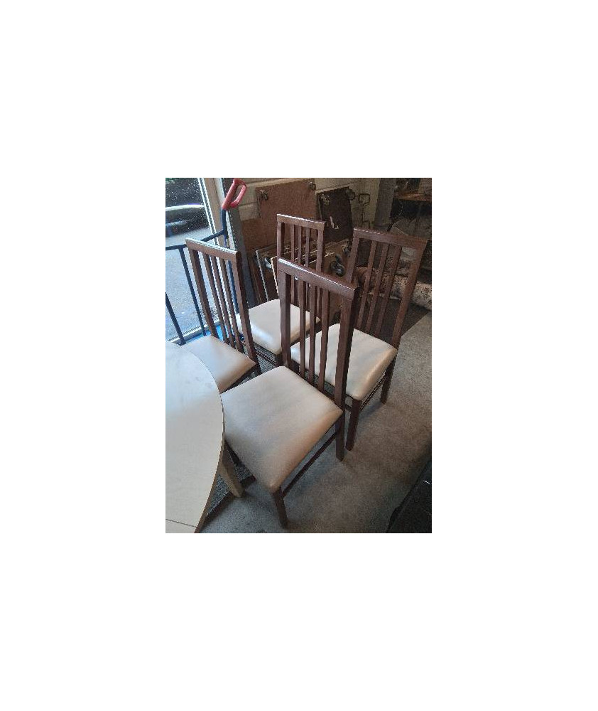 4 CHAISES BOIS DOSSIER 3 BARREAUX VERTICAUX ASSISE CAPITONNÉ SKAÏ ECRU
