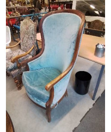 BERGERE  HAUT DOSSIER BOIS CAPITONNÉ VELOURS BLEU 