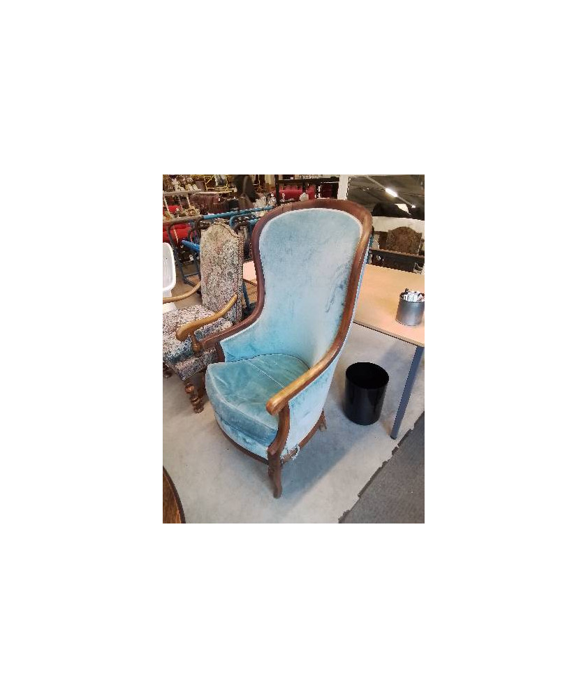 BERGERE  HAUT DOSSIER BOIS CAPITONNÉ VELOURS BLEU 