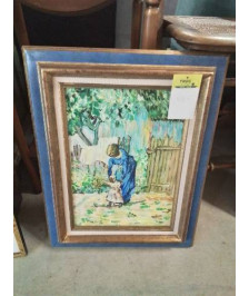 HUILE SUR PANNEAU FEMME ET PETITE FILLE CADRE BOIS MOULURÉ BLEU ET DORÉ 