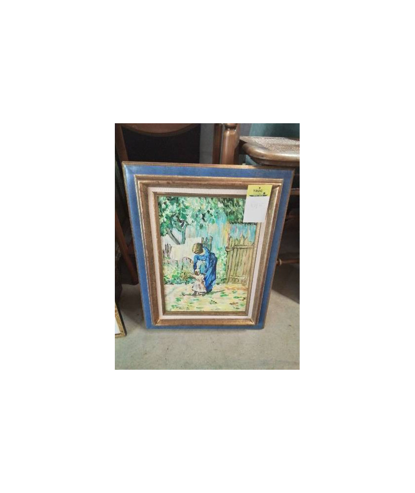 HUILE SUR PANNEAU FEMME ET PETITE FILLE CADRE BOIS MOULURÉ BLEU ET DORÉ 