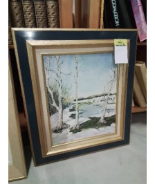 HUILE SUR TOILE FORET ENNEIGÉE CADRE BOIS MOULURÉ BLEU DORÉ 