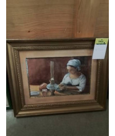 AQUARELLE FEMME A LA LAMPE A PETROLE COLETTE PRUDHOMME 