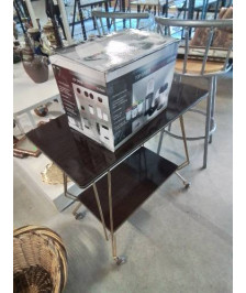 DESSERTE A ROULETTES MÉTAL DORÉ 2 NIVEAUX PLATEAU FORMICA MARRON ANNÉES 60