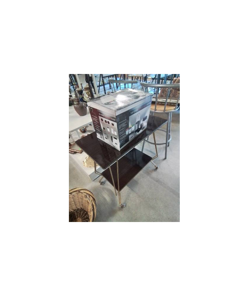 DESSERTE A ROULETTES MÉTAL DORÉ 2 NIVEAUX PLATEAU FORMICA MARRON ANNÉES 60