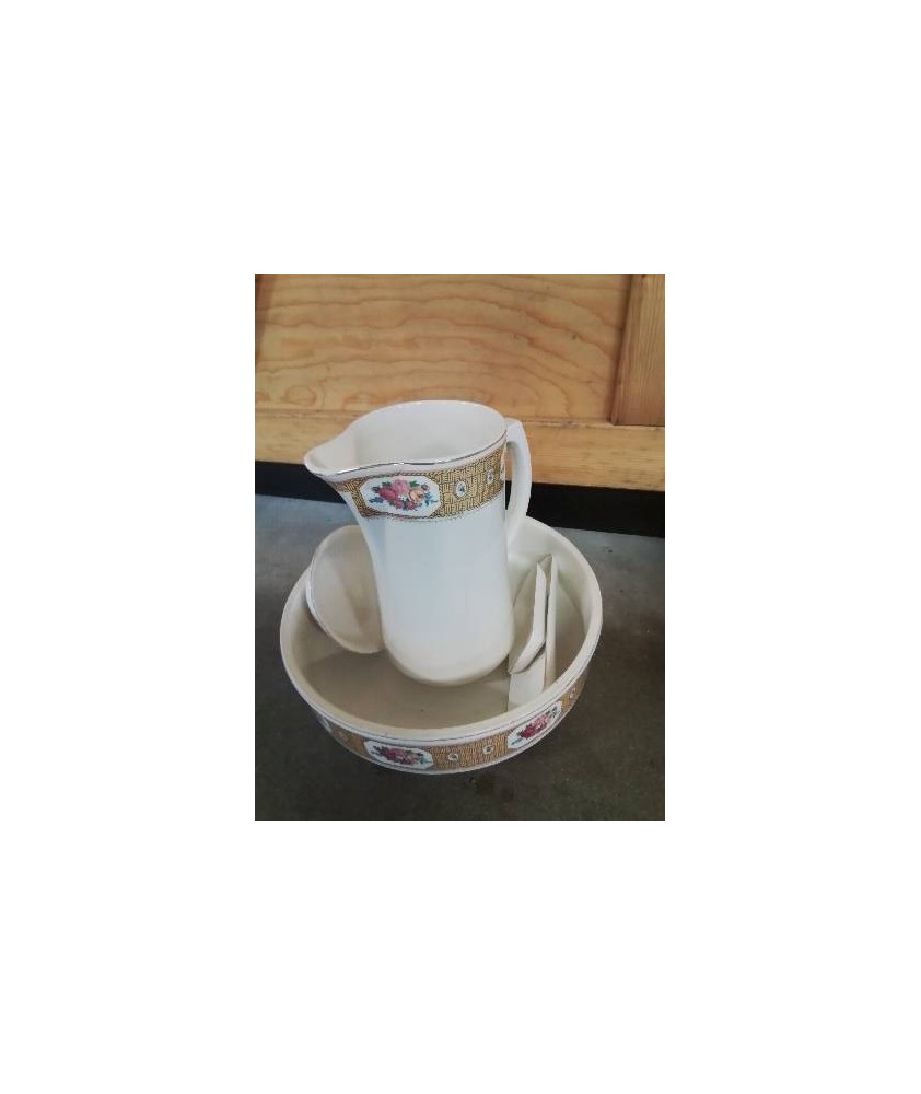 NÉCESSAIRE DE TOILETTE CÉRAMIQUE ECRU OCRE A FLEURS 5 PIÈCES SARREGUEMINES DIGOIN