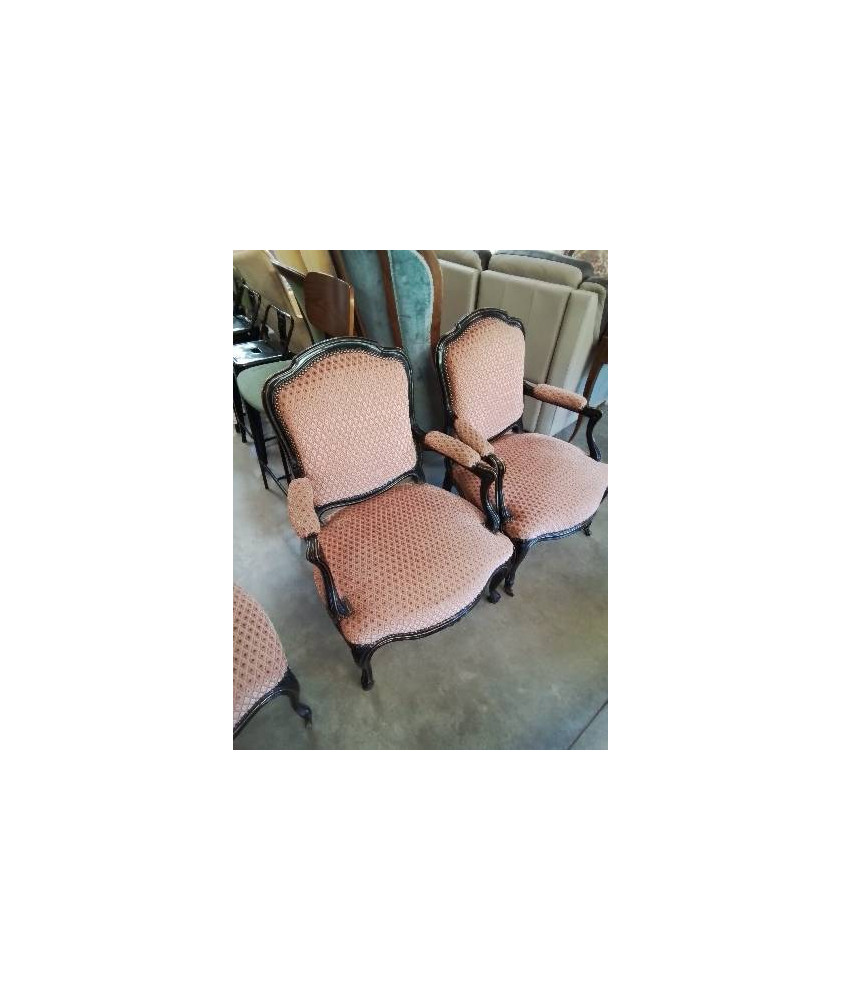 PAIRE DE FAUTEUILS NAPOLÉON III BOIS NOIRCI GARNITURE LAITON TISSU VIEUX ROSE PAIRE DE FAUTEUILS NAPOLÉON III BOIS NOIRCI GARNITURE LAITON TISSU VIEUX ROSE
