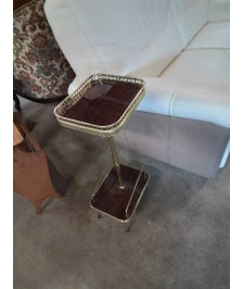 CONSOLE A GALERIE LAITON ET FORMICA MARRON 2 NIVEAUX ANNÉES 60