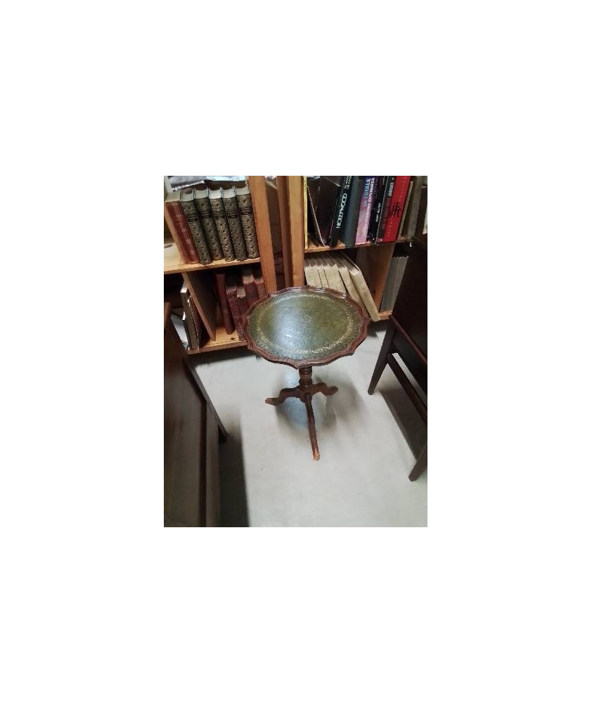 SELLETTE RONDE TRIPODE PLATEAU CHANTOURNÉ CUIR VERT LISERÉ DORÉ 