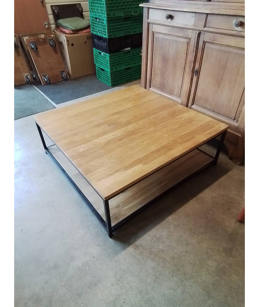 TABLE BASSE CARRÉ PIÈTEMENT MÉTAL NOIR 2 PLATEAUX BOIS CLAIR 